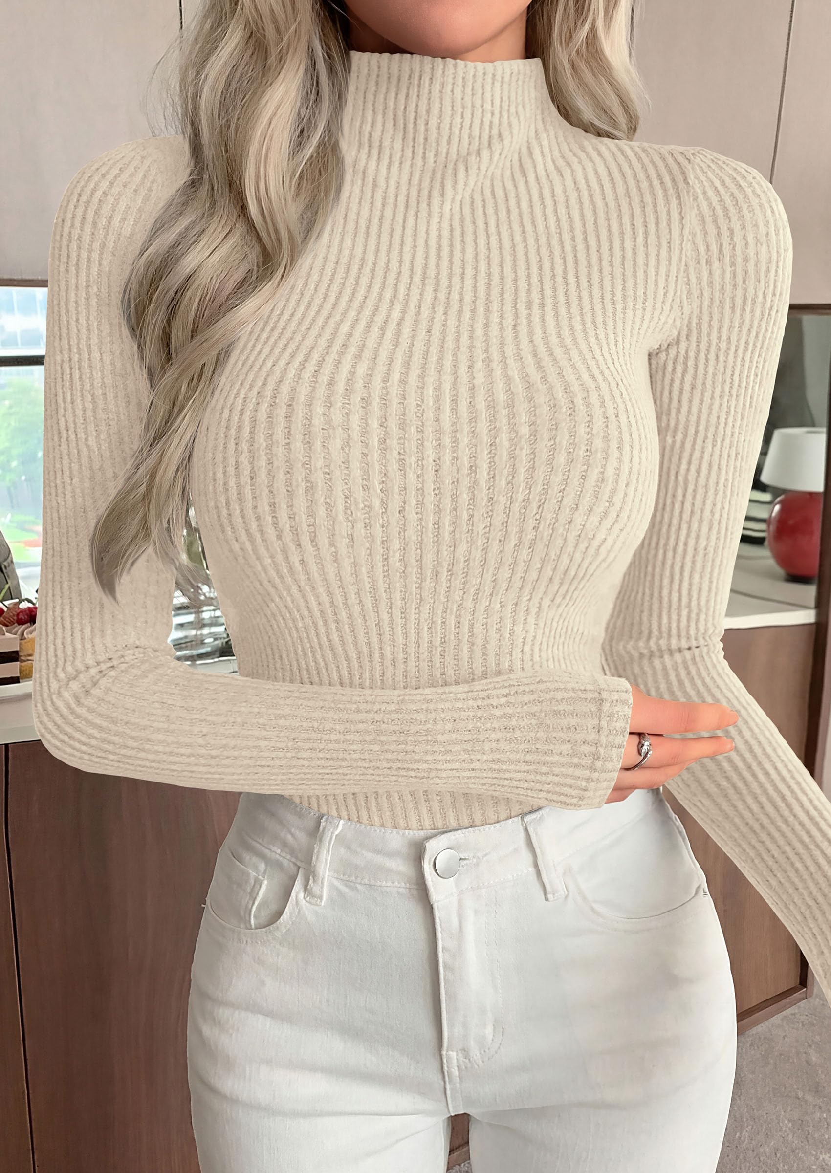 PRETTYGARDEN Long Sleeve T Shirts for Women Fall Fashion Mock Neck Fitted Ribbed Tee Tops Casual Basic Winter Clothing