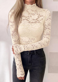 PRETTYGARDEN Womens Lace Long Sleeve Top Mesh Sheer Blouses Mock Neck See Through Slim Fitted Tops Fall Fashion Clothes