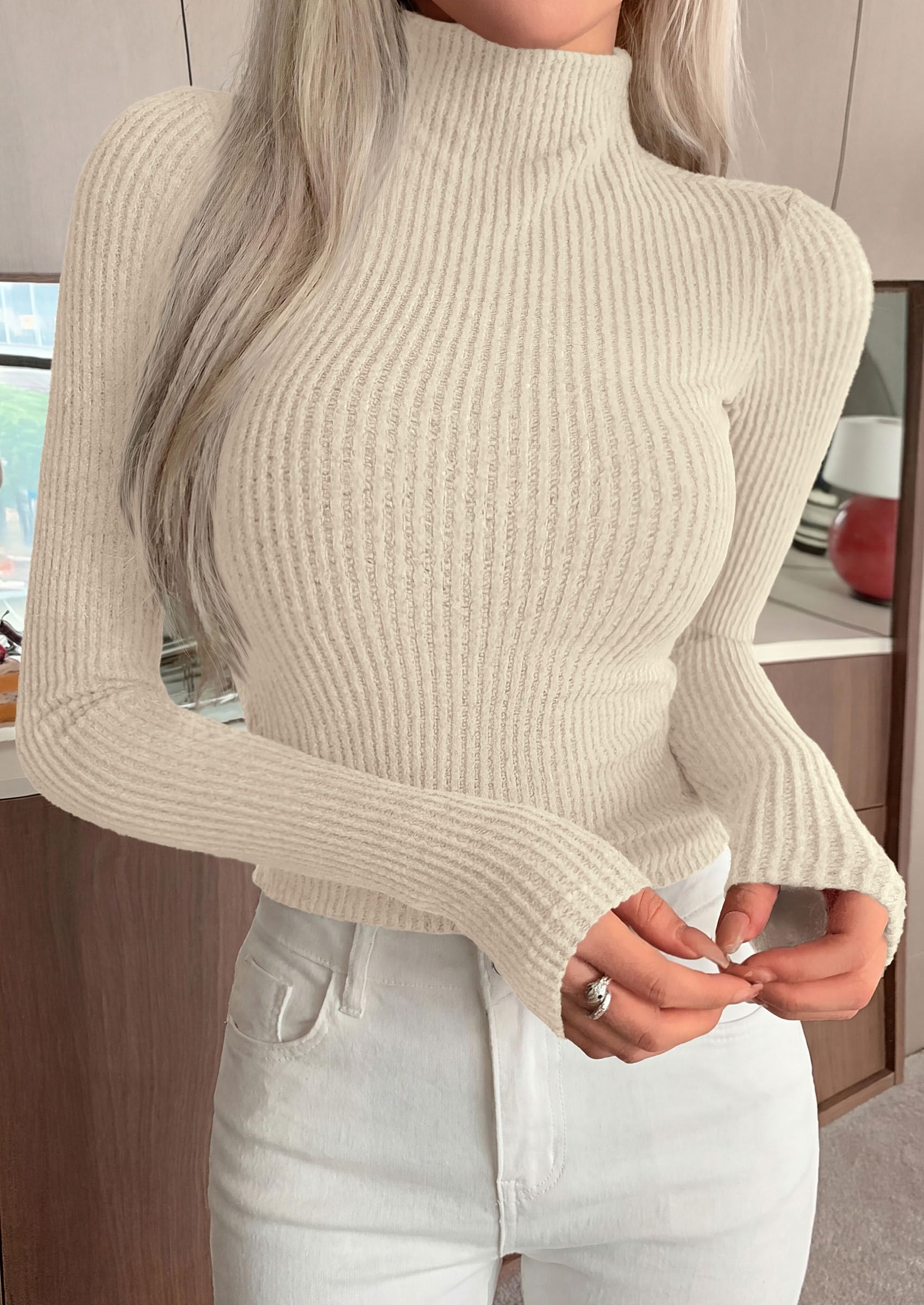 PRETTYGARDEN Long Sleeve T Shirts for Women Fall Fashion Mock Neck Fitted Ribbed Tee Tops Casual Basic Winter Clothing