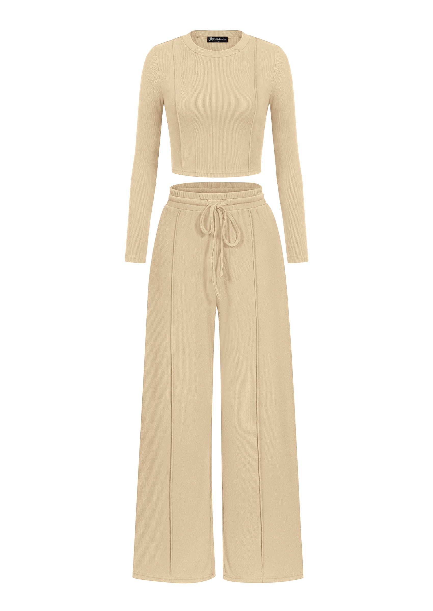 PRETTYGARDEN Womens 2 Piece Sets Long Sleeve Outfits  Soft Ribbed Knit, Loose Wide Leg Fit, Crop Top Drawstring High Waist Pants Set, Casual Lounge Travel, Matching Fall Clothes