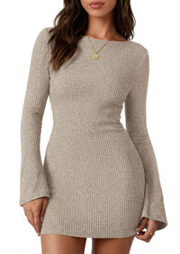 PRETTYGARDEN Womens Fall Bell Long Sleeve Mini Dress 2026 Casual Boat Neck Ribbed Bodycon Short Party Cocktail Dresses