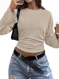Classic Crewneck Ruched Waist Tee Shirts, Casual Fitted Cute Top, Soft Basic Layering, Y2k Fall Outfits, Fashion Clothing