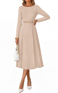 PRETTYGARDEN Women's Fall Long Sleeve Semi Formal Midi Dresses with Pockets Boat Neck, Metal Buckle Tie Waist, Flowy A Line, Elegant Classy Wedding Guest Cocktail Party Dress, Business Casual Outfits