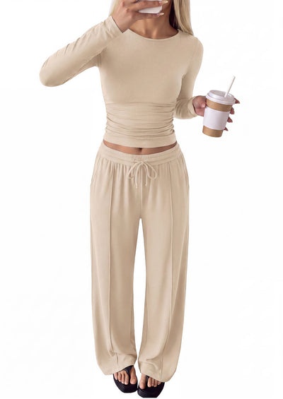 PRETTYGARDEN Women's Matching Lounge Sets 2 Piece Outfits  Boat Neck Long Sleeve Tops, Wide Leg Pants Pockets, Ruched Waist, Travel Airport Resort Wear, Casual Fall Fashion Clothing