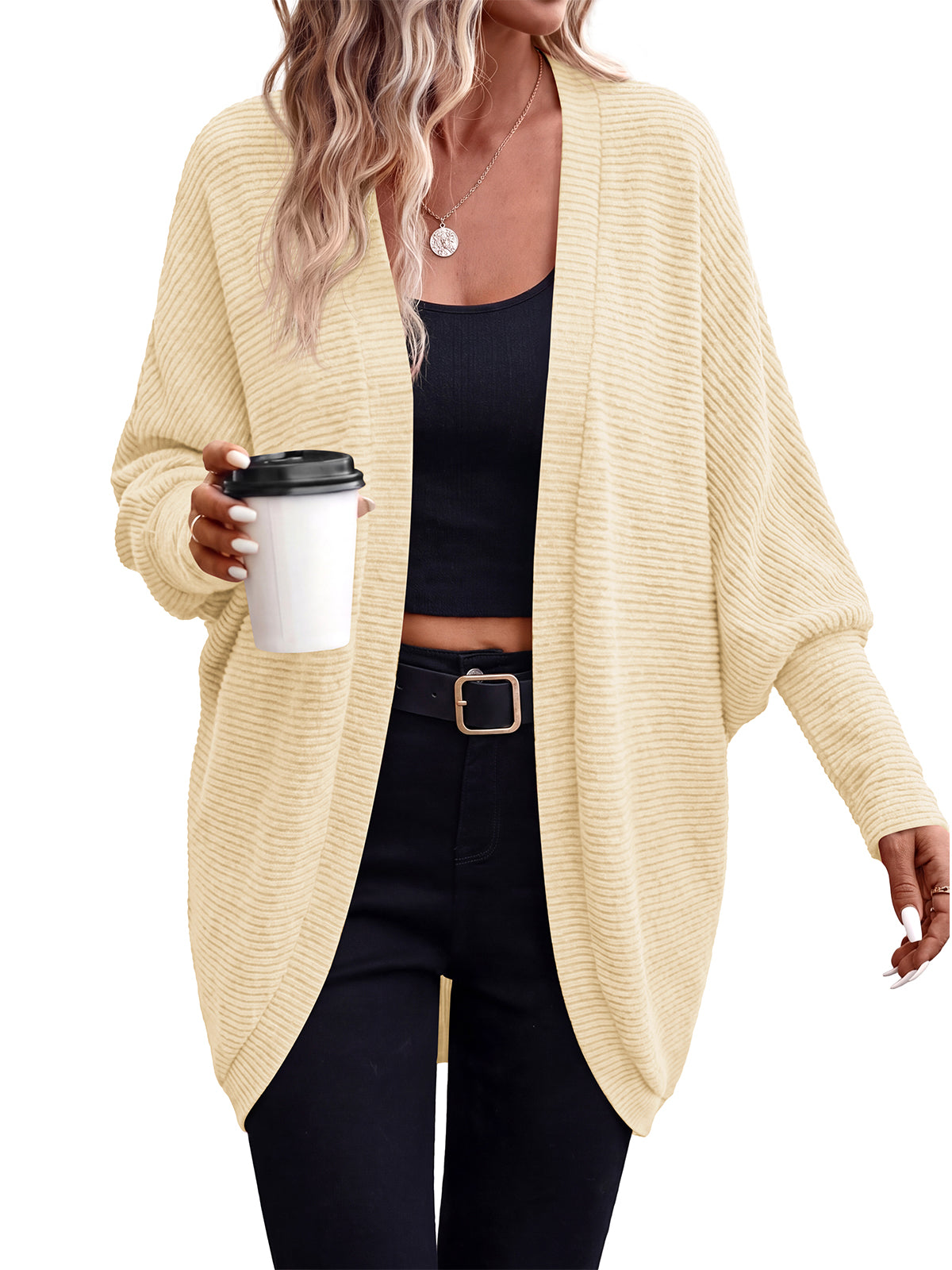 PRETTYGARDEN Batwing Long Sleeve Lightweight Cardigan Sweaters for Women | Batwing Sleeve Long Cardigans, Loose Fit Soft Ribbed Knit Light Weight Sweater, Early Fall Fashion Streetwear, Travel Outfits