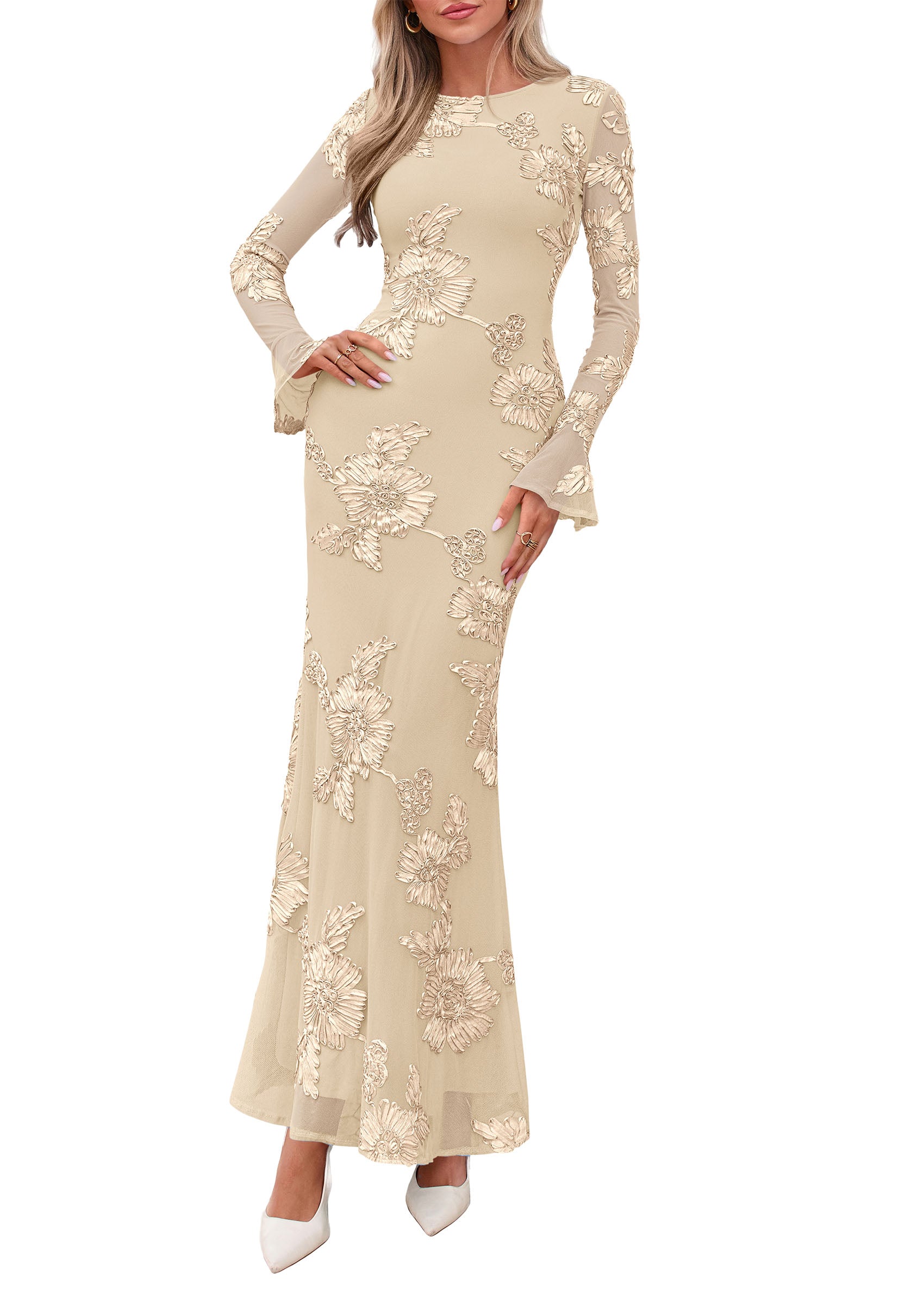 PRETTYGARDEN Women's Formal Floral Maxi Bodycon Dresses  Ruffle Long Sleeve, Fall Winter Outfits 2026 for Wedding Guest, Homecoming & Cocktail, Slimming Mesh Dress with Lining