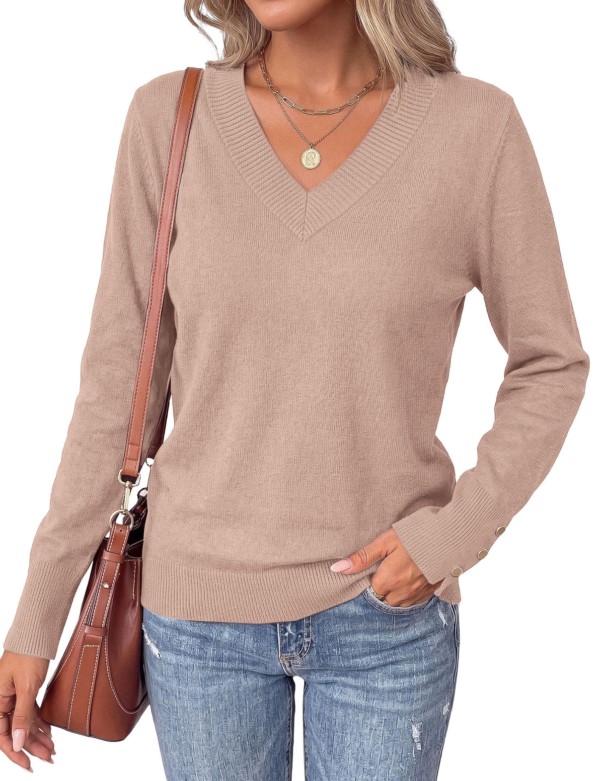 PRETTYGARDEN Fall Sweaters for Women V Neck Lightweight Pullover  Soft Knit Sweater Tops,Long Sleeve,Slit Cuffs with Decorative Button,Work Business Casual Outfits,Layering Winter Clothes