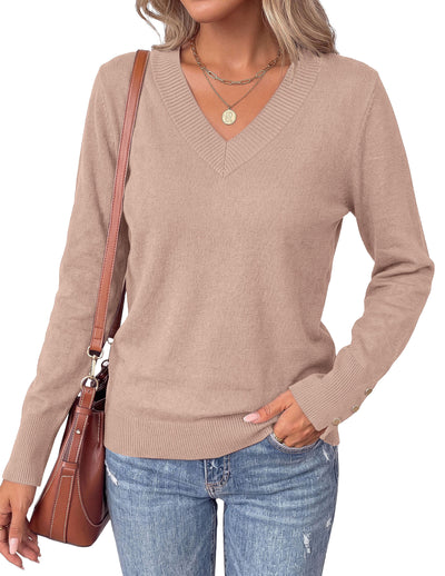 PRETTYGARDEN Fall Sweaters for Women V Neck Lightweight Pullover  Soft Knit Sweater Tops,Long Sleeve,Slit Cuffs with Decorative Button,Work Business Casual Outfits,Layering Winter Clothes