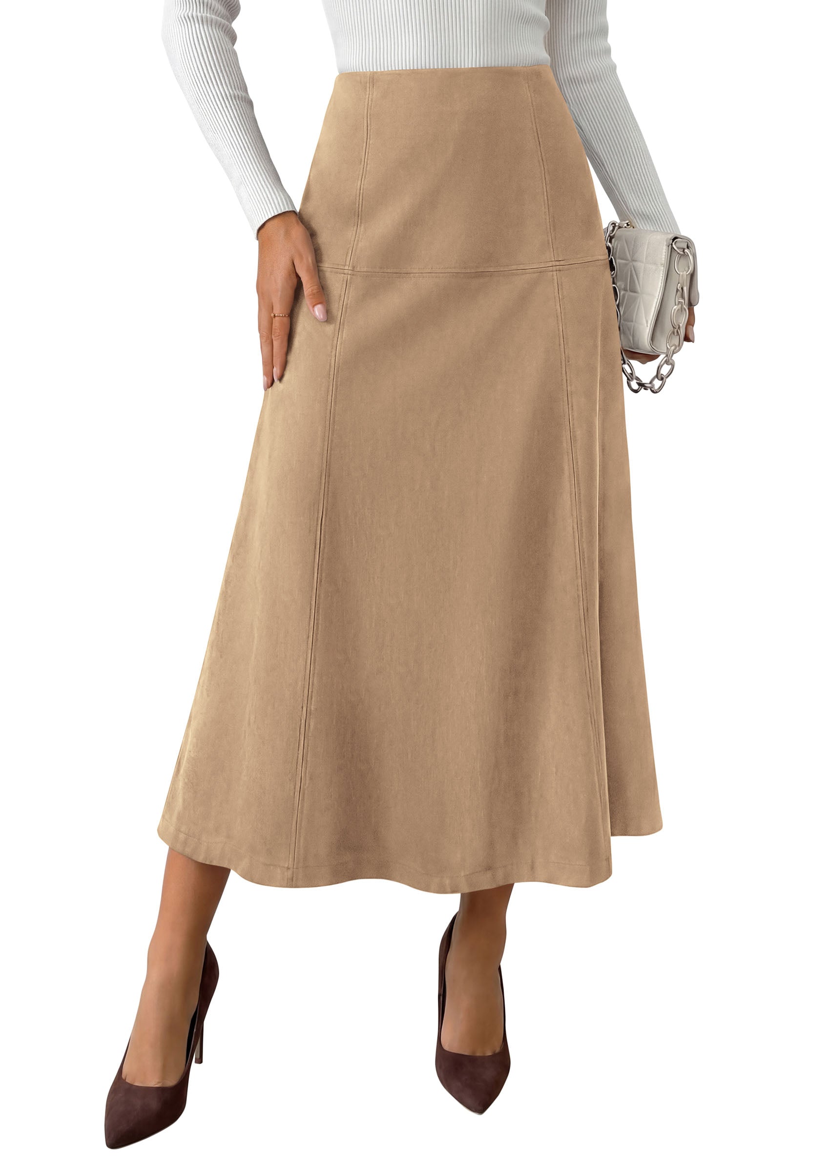 PRETTYGARDEN Womens High Waist Faux Suede A Line Midi Skirt | Hidden Stretch Elastic Waist, Front Back Panel Stitching, Vintage Elegant Mid-Calf Long Skirts for Fall Winter Office Daily