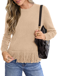PRETTYGARDEN Womens Crewneck Long Sleeve Fringe Sweaters Pullover Tops Fringed Hemline, Ribbed Knit, Loose Fit, Bohemian Style, Soft Comfy Cute Sweater, Fall Winter Outfits, Casual Daily Wear