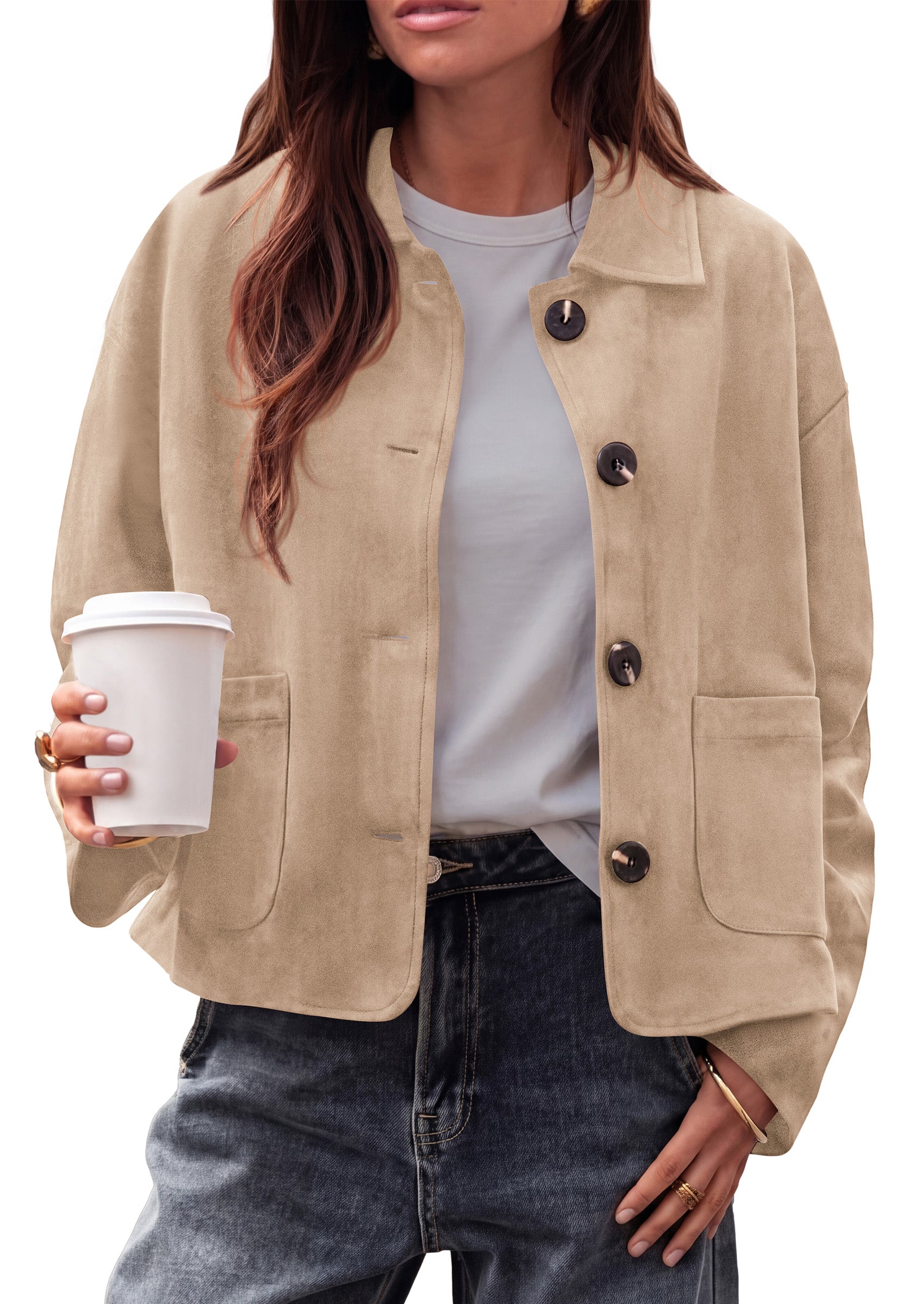 PRETTYGARDEN Faux Suede Casual Cropped Fall Jacket for Women Trendy 2026 Casual Coats Lightweight, Button Front Jackets with Pocket, Business Work Teacher Outfits, Winter Clothes