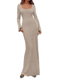 PRETTYGARDEN Women's Fall Long Sleeve Maxi Bodycon Dresses | Soft Stretchy Ribbed Knit, Bell Sleeve Square Neck Mermaid, Elegant Long Dress, Wedding Guest Party, 2026 Winter Clothing