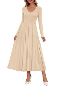 PRETTYGARDEN Women's Fall V Neck Pleated Midi Sweater Dress  Stretchy Ribbed Knit,Long Sleeve,A Line Flowy Skirt,Elegant Long Dresses for Wedding Guest,Work Office,Winter Party Outfits