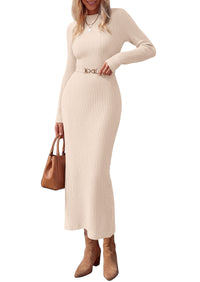PRETTYGARDEN Women's Long Sleeve Bodycon Maxi Sweater Dress | Stretchy Rib Knit,Metal Buckle Waist,Back Slit,Work Cocktail Holiday Party Outfits,Fall Winter Winter Wedding Guest Dresses