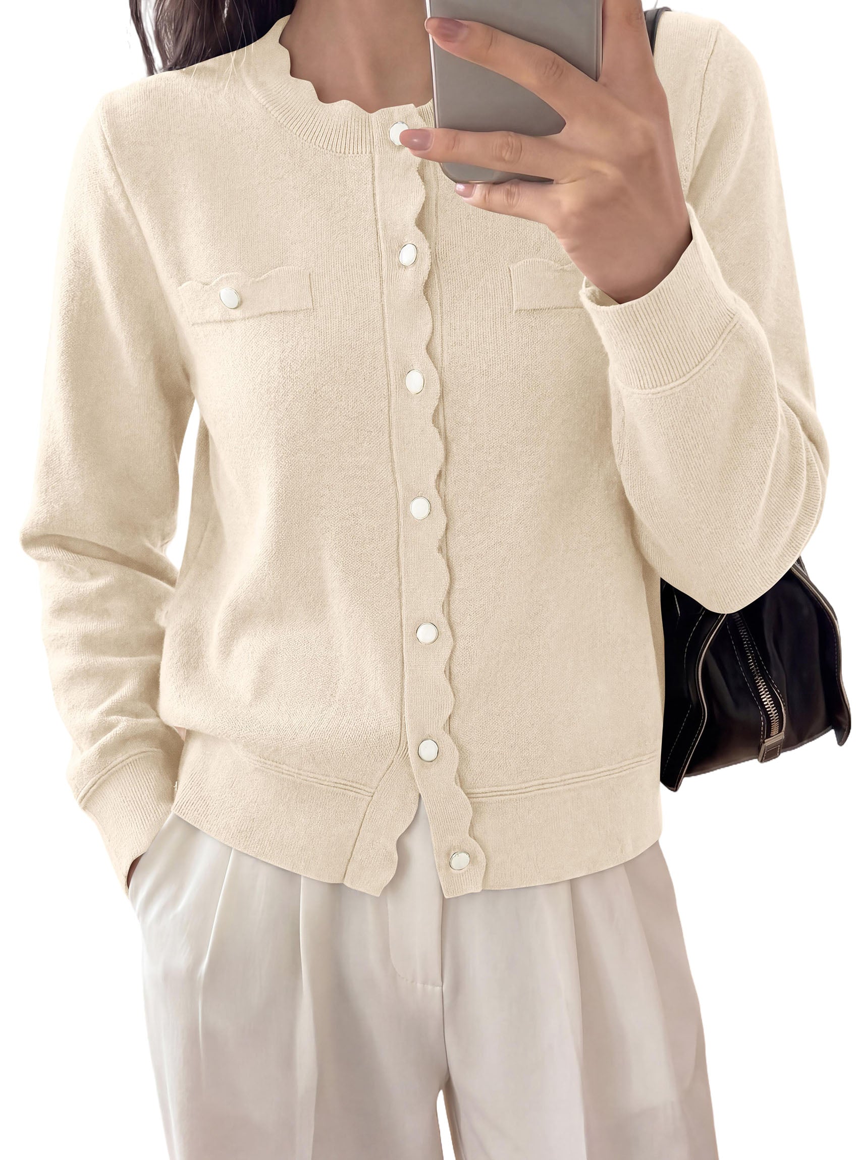 PRETTYGARDEN Cardigan Sweaters for Women Scalloped Button Up Fall Outfits  Soft Knit Long Sleeve Knit Tops,Crew Neck,Business Casual Outfits,Office Work Lightweight Sweater,Layers Clothes
