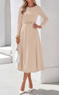PRETTYGARDEN Women's Fall Long Sleeve Semi Formal Midi Dresses with Pockets Boat Neck, Metal Buckle Tie Waist, Flowy A Line, Elegant Classy Wedding Guest Cocktail Party Dress, Business Casual Outfits