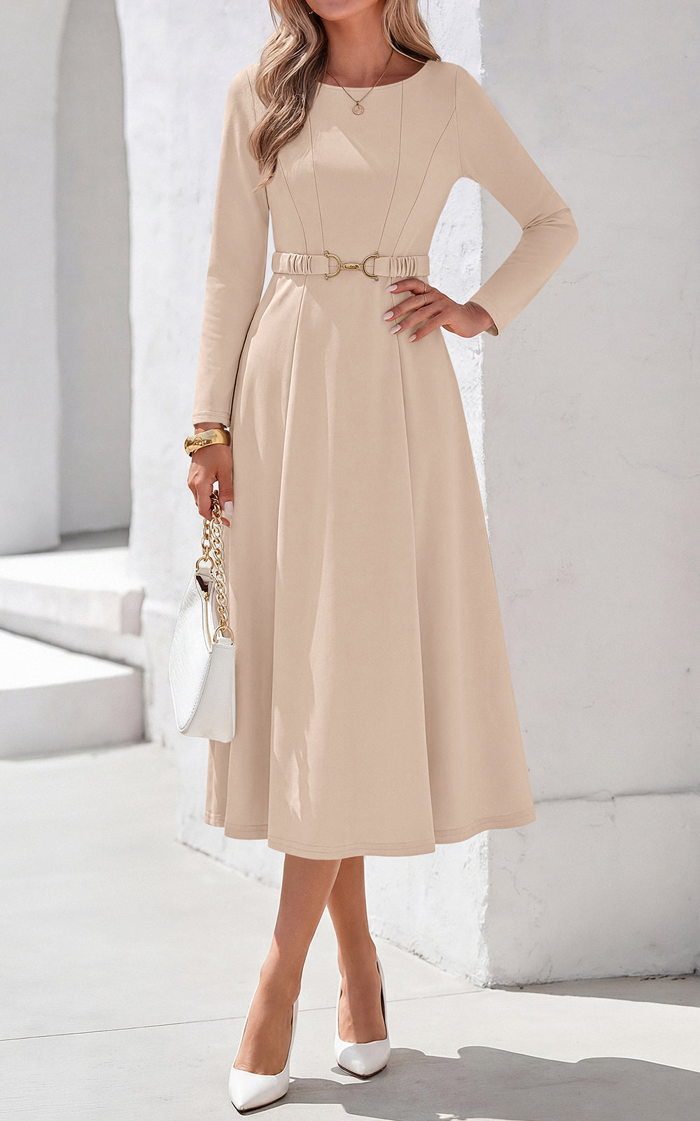 PRETTYGARDEN Women's Fall Long Sleeve Semi Formal Midi Dresses with Pockets Boat Neck, Metal Buckle Tie Waist, Flowy A Line, Elegant Classy Wedding Guest Cocktail Party Dress, Business Casual Outfits
