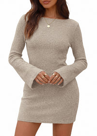 PRETTYGARDEN Womens Fall Bell Long Sleeve Mini Dress 2026 Casual Boat Neck Ribbed Bodycon Short Party Cocktail Dresses