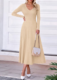 PRETTYGARDEN Women's Fall V Neck Pleated Midi Sweater Dress  Stretchy Ribbed Knit,Long Sleeve,A Line Flowy Skirt,Elegant Long Dresses for Wedding Guest,Work Office,Winter Party Outfits