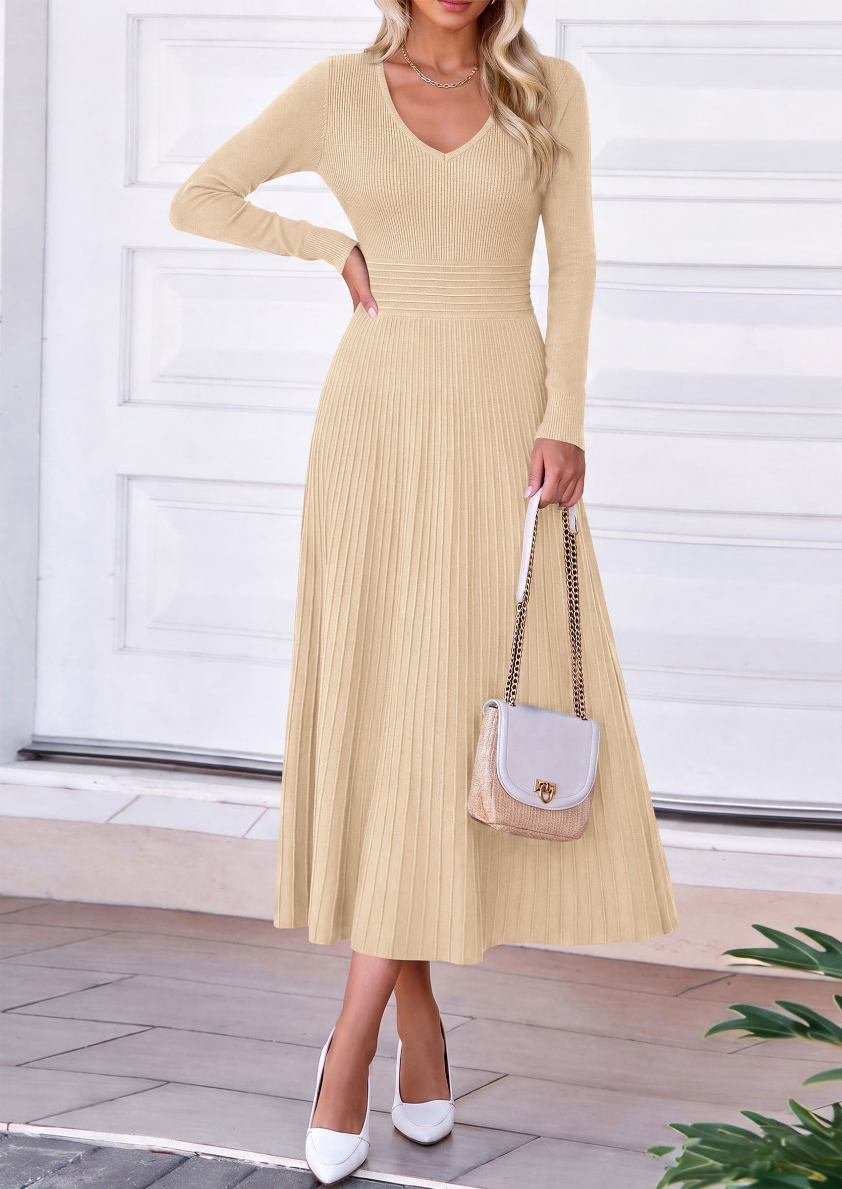 PRETTYGARDEN Women's Fall V Neck Pleated Midi Sweater Dress  Stretchy Ribbed Knit,Long Sleeve,A Line Flowy Skirt,Elegant Long Dresses for Wedding Guest,Work Office,Winter Party Outfits