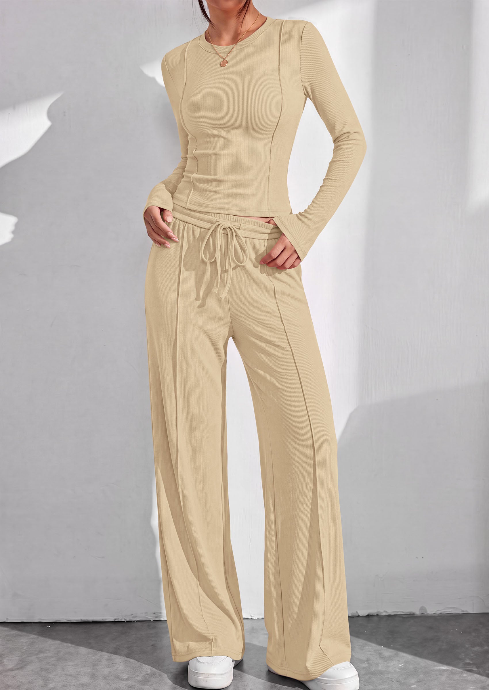 PRETTYGARDEN Womens 2 Piece Sets Long Sleeve Outfits  Soft Ribbed Knit, Loose Wide Leg Fit, Crop Top Drawstring High Waist Pants Set, Casual Lounge Travel, Matching Fall Clothes