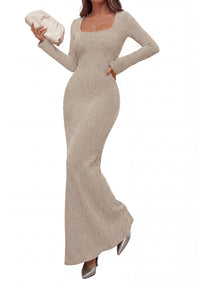 PRETTYGARDEN Women's Fall Long Sleeve Maxi Bodycon Dresses | Soft Stretchy Ribbed Knit, Bell Sleeve Square Neck Mermaid, Elegant Long Dress, Wedding Guest Party, 2026 Winter Clothing