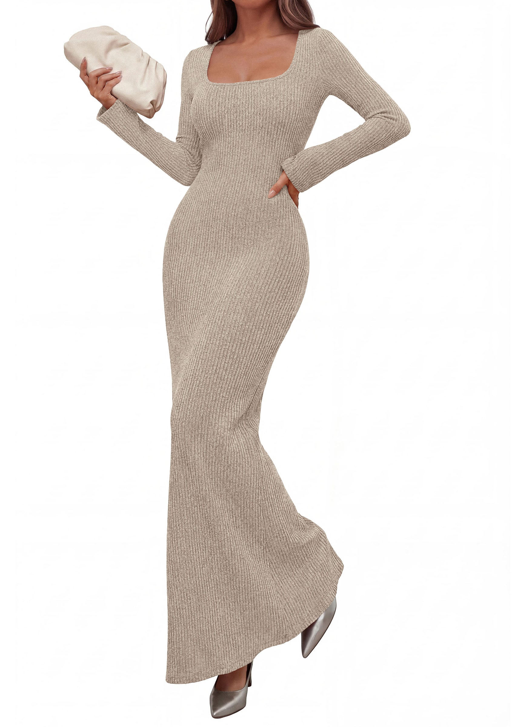 PRETTYGARDEN Women's Fall Long Sleeve Maxi Bodycon Dresses | Soft Stretchy Ribbed Knit, Bell Sleeve Square Neck Mermaid, Elegant Long Dress, Wedding Guest Party, 2026 Winter Clothing
