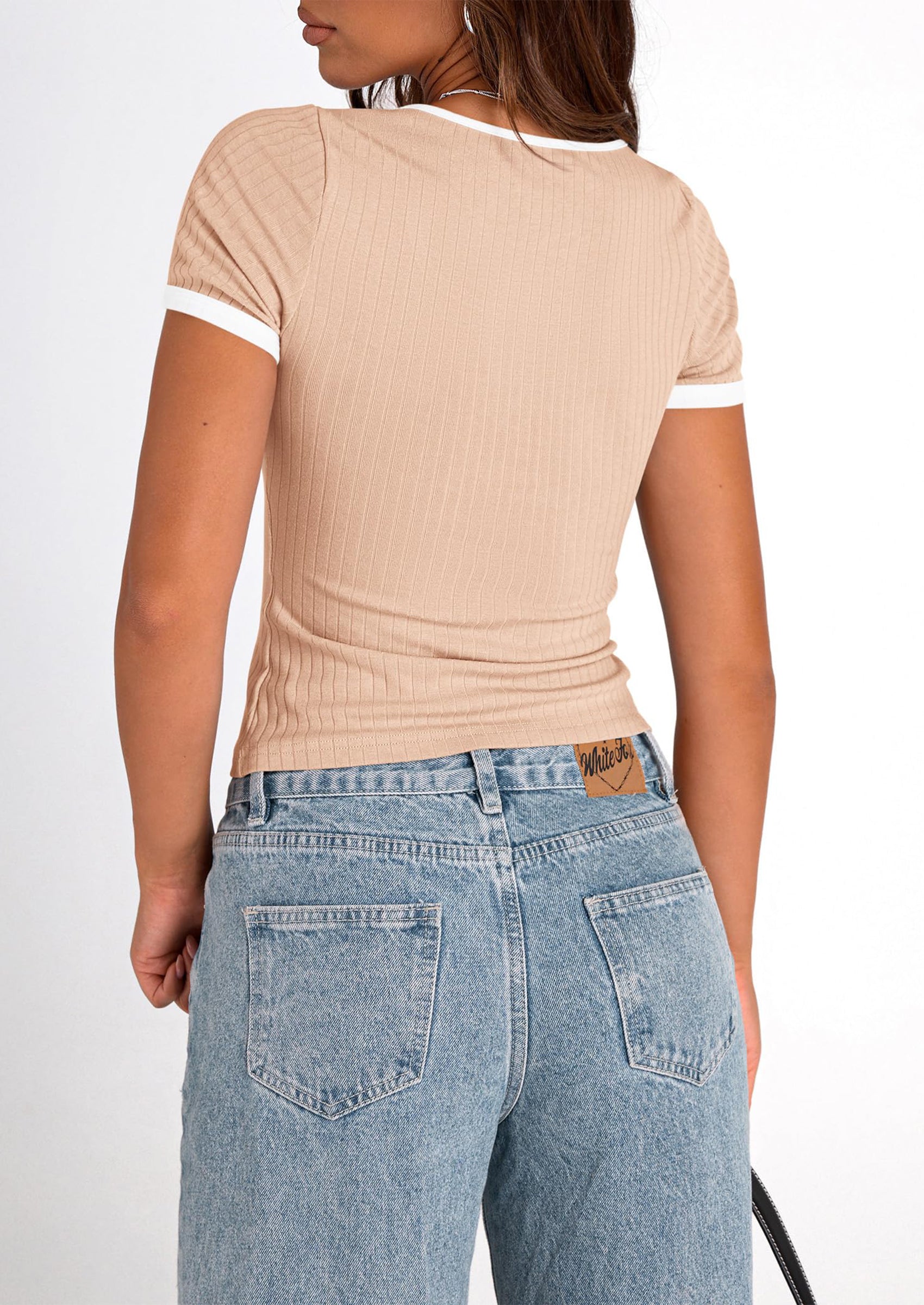 PRETTYGARDEN Women's Summer Short Sleeve T Shirts Ribbed Knit Square Neck Color Block Slim Fit Basic Casual Crop Tops Blouses