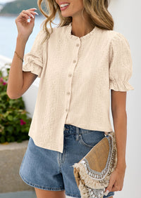 PRETTYGARDEN Womens Puff Short Sleeve Tops 2026 Summer Spring Button Down Boho Embroidered Cute Blouse Dressy Casual Shirts PRETTYGARDEN