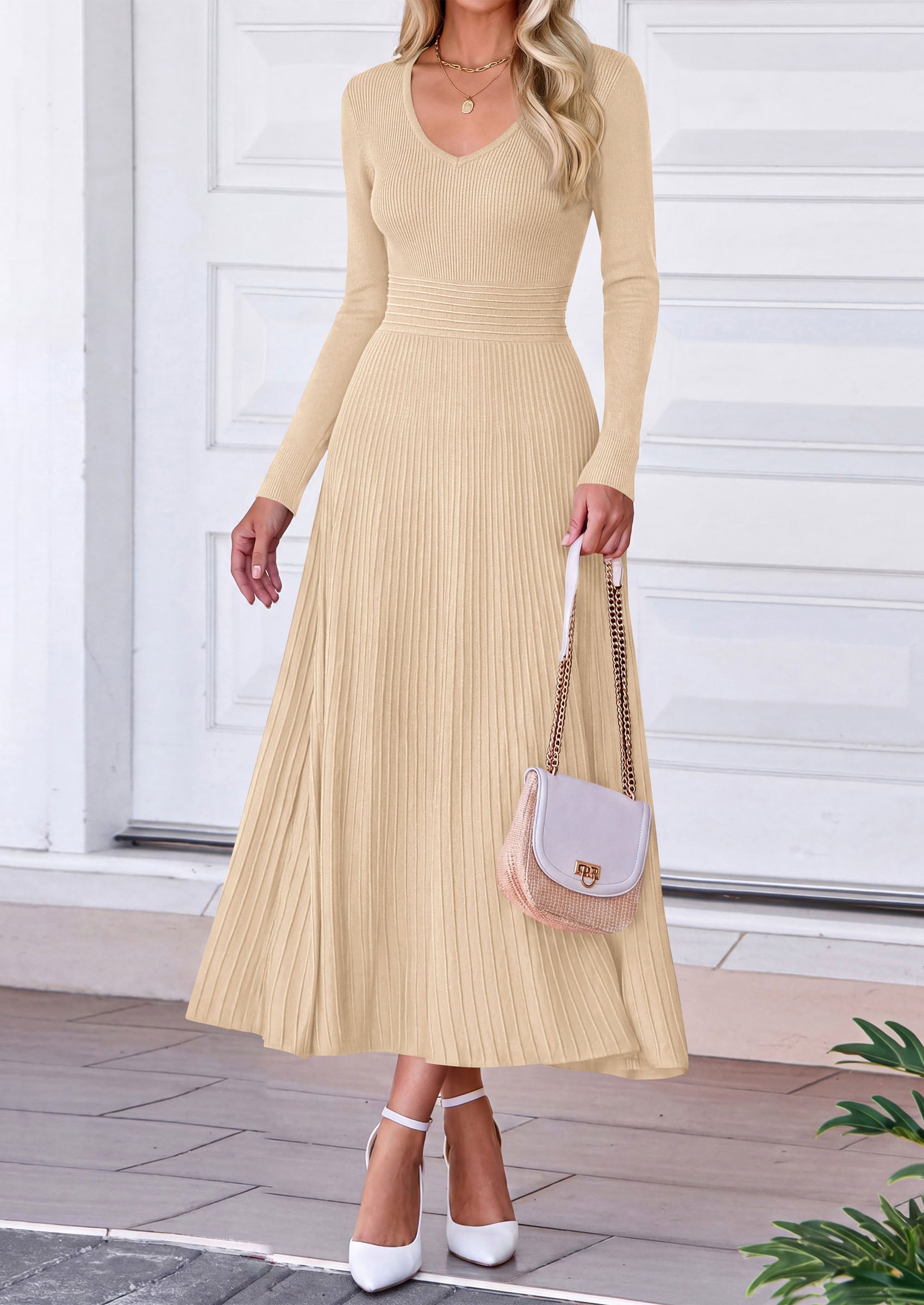 PRETTYGARDEN Women's Fall V Neck Pleated Midi Sweater Dress  Stretchy Ribbed Knit,Long Sleeve,A Line Flowy Skirt,Elegant Long Dresses for Wedding Guest,Work Office,Winter Party Outfits