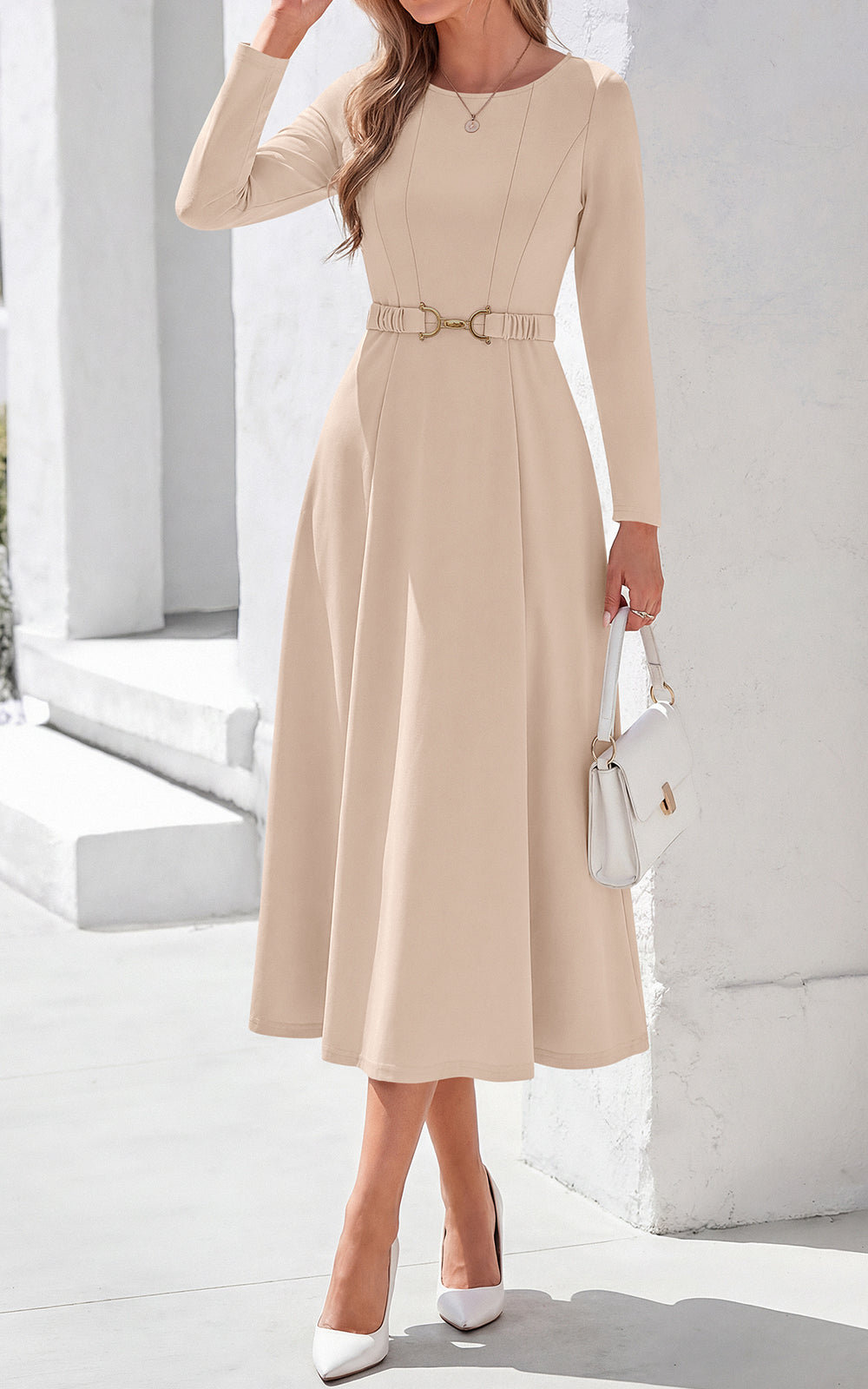PRETTYGARDEN Women's Fall Long Sleeve Semi Formal Midi Dresses with Pockets Boat Neck, Metal Buckle Tie Waist, Flowy A Line, Elegant Classy Wedding Guest Cocktail Party Dress, Business Casual Outfits