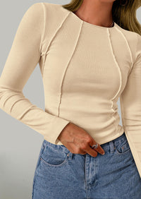 KIRUNDO Ribbed Long Sleeve Tops for Women Stretch Slim Basic Crop Tee Exposed Seams Spring Fall Fashion Trendy Tshirt