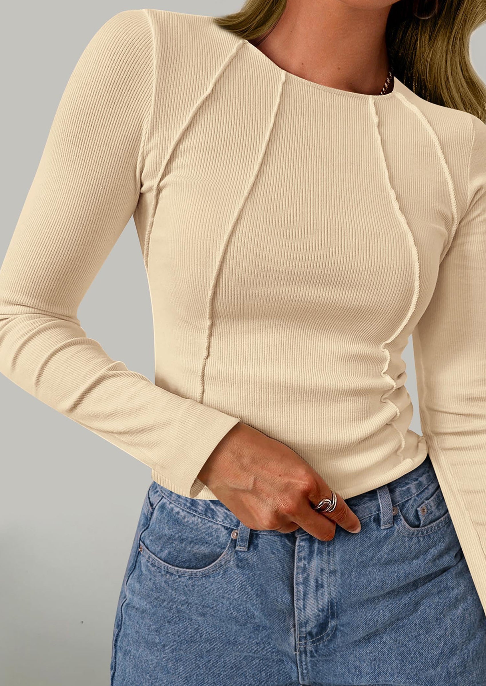 KIRUNDO Ribbed Long Sleeve Tops for Women Stretch Slim Basic Crop Tee Exposed Seams Spring Fall Fashion Trendy Tshirt