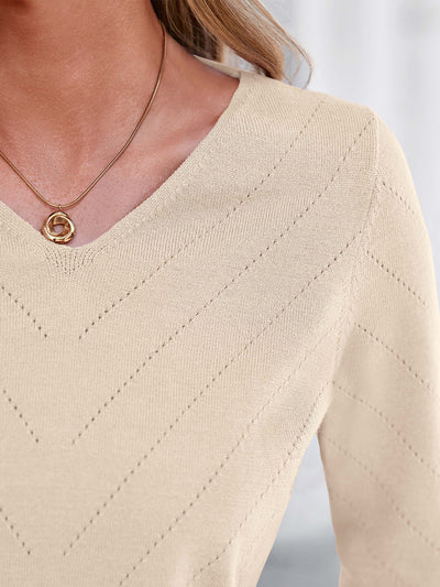 PRETTYGARDEN Long Sleeve V Neck Hollow Out Pullover Sweaters for Women | Chunky Loose Soft Ribbed Knit Classic Fall Tops, Business Casual Work Travel Vacation Daily Wear, Fashion Clothing