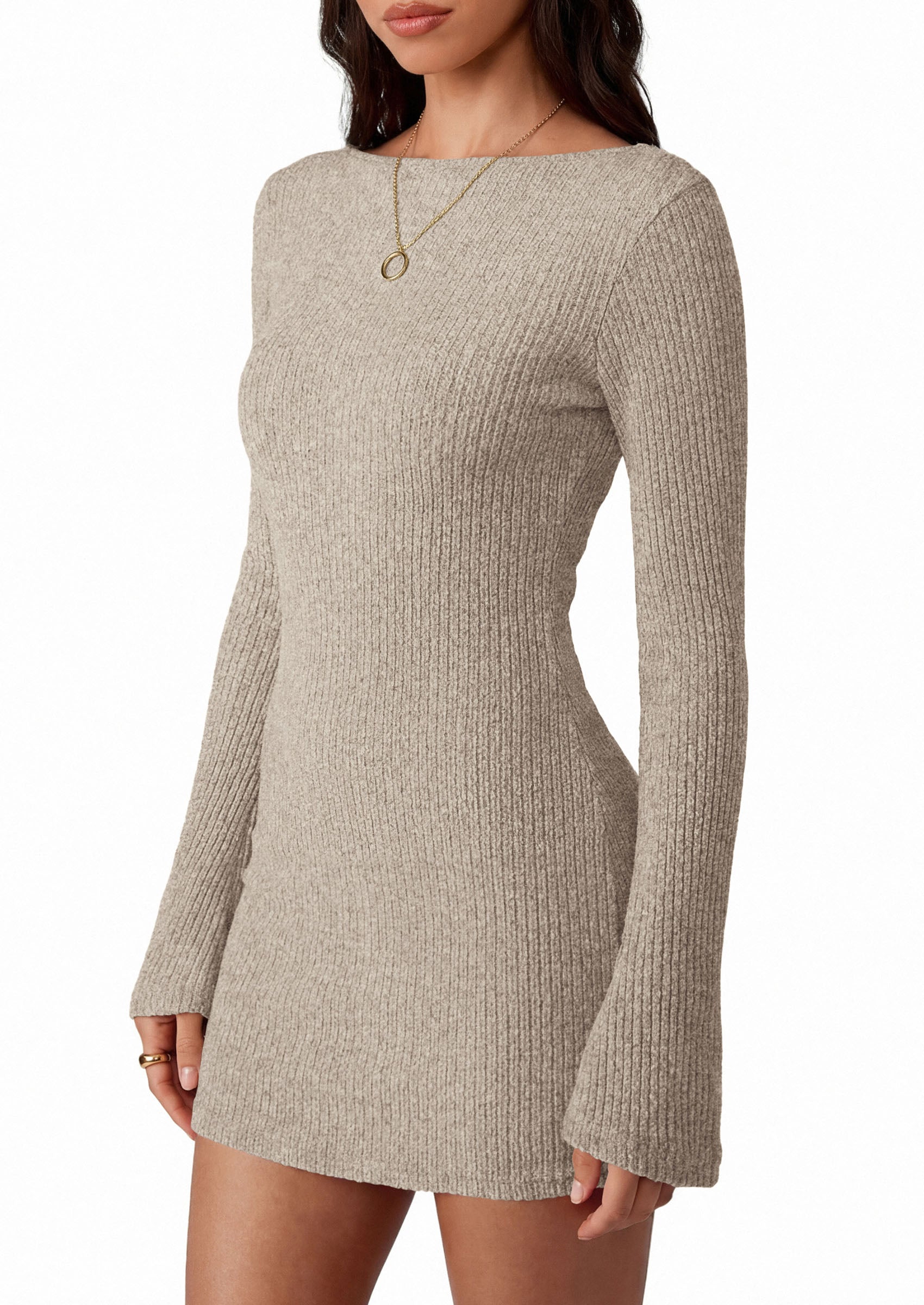 PRETTYGARDEN Womens Fall Bell Long Sleeve Mini Dress 2026 Casual Boat Neck Ribbed Bodycon Short Party Cocktail Dresses