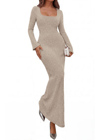 PRETTYGARDEN Women's Fall Long Sleeve Maxi Bodycon Dresses | Soft Stretchy Ribbed Knit, Bell Sleeve Square Neck Mermaid, Elegant Long Dress, Wedding Guest Party, 2026 Winter Clothing