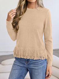 PRETTYGARDEN Womens Crewneck Long Sleeve Fringe Sweaters Pullover Tops Fringed Hemline, Ribbed Knit, Loose Fit, Bohemian Style, Soft Comfy Cute Sweater, Fall Winter Outfits, Casual Daily Wear