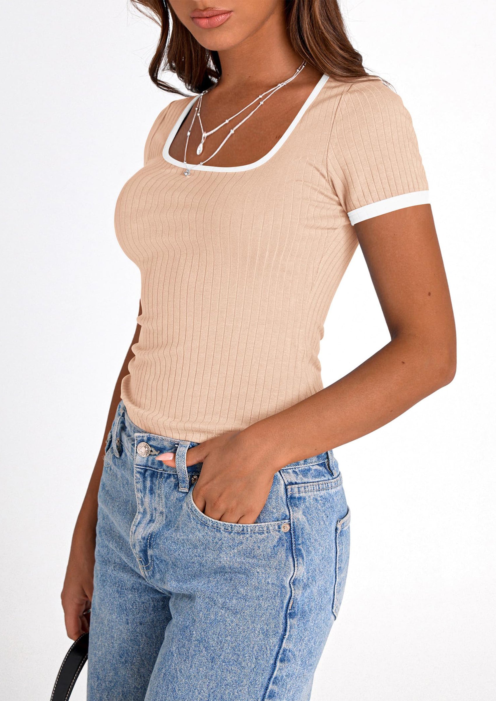 PRETTYGARDEN Women's Summer Short Sleeve T Shirts Ribbed Knit Square Neck Color Block Slim Fit Basic Casual Crop Tops Blouses