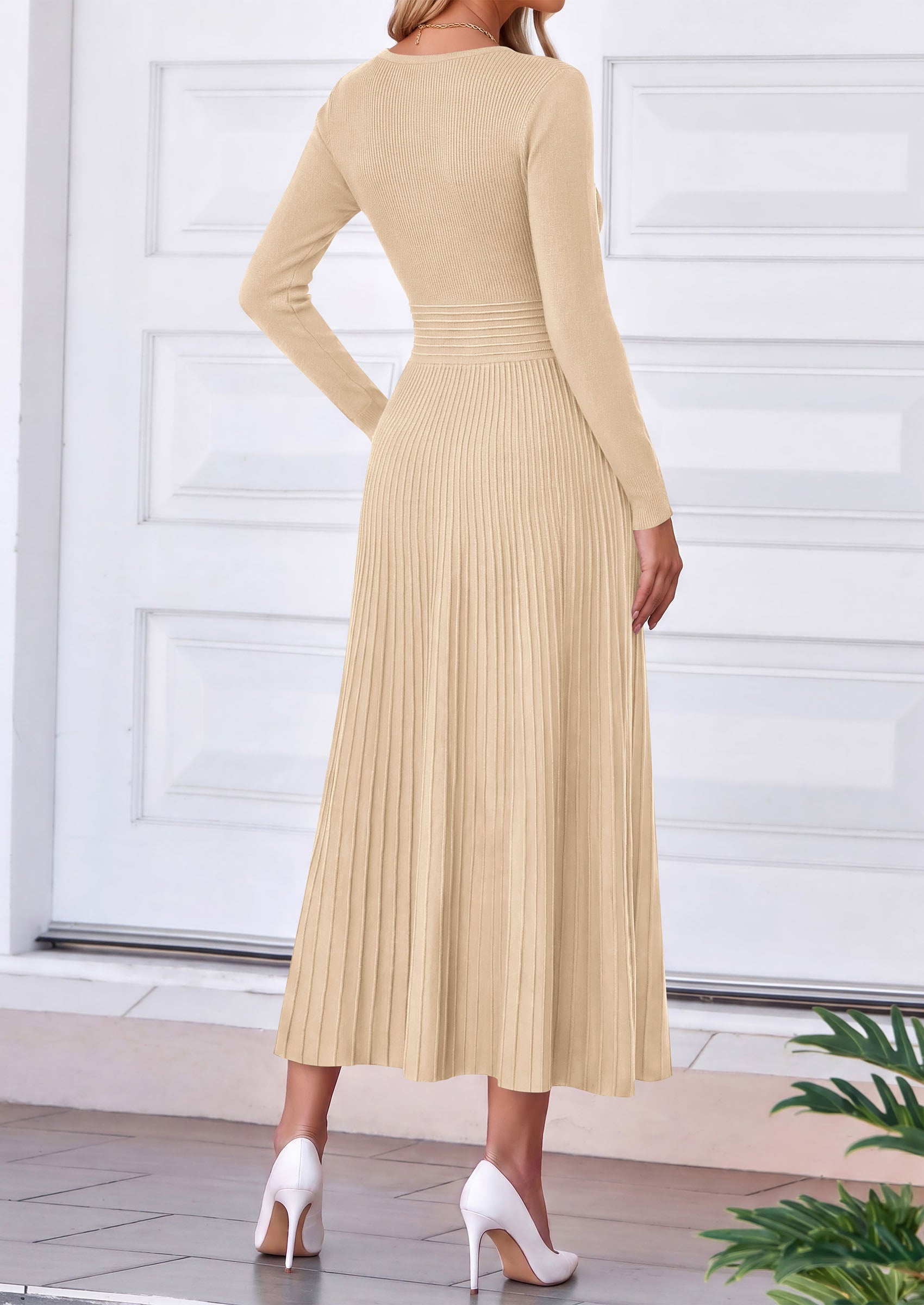 PRETTYGARDEN Women's Fall V Neck Pleated Midi Sweater Dress  Stretchy Ribbed Knit,Long Sleeve,A Line Flowy Skirt,Elegant Long Dresses for Wedding Guest,Work Office,Winter Party Outfits