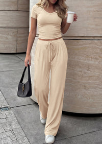 PRETTYGARDEN 2 Piece Sets for Women Summer 2026 Spring Lounge Set Matching V Neck Tops Wide Leg Pants Airport Travel Outfits PRETTYGARDEN