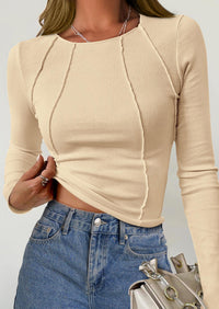 KIRUNDO Ribbed Long Sleeve Tops for Women Stretch Slim Basic Crop Tee Exposed Seams Spring Fall Fashion Trendy Tshirt