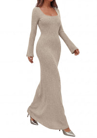 PRETTYGARDEN Women's Fall Long Sleeve Maxi Bodycon Dresses | Soft Stretchy Ribbed Knit, Bell Sleeve Square Neck Mermaid, Elegant Long Dress, Wedding Guest Party, 2026 Winter Clothing