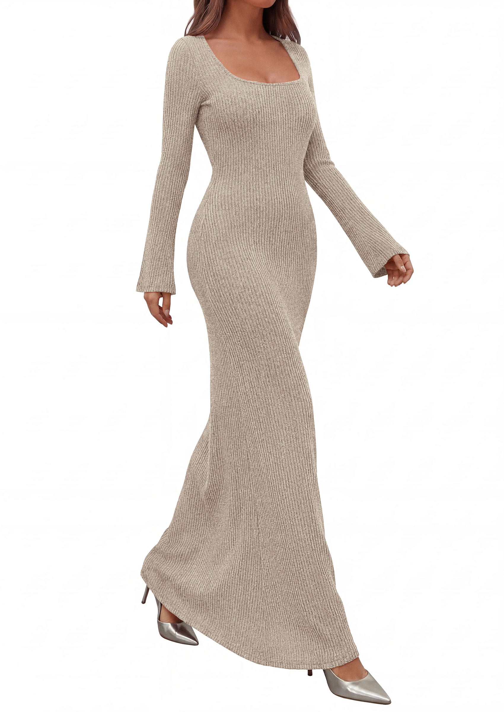 PRETTYGARDEN Women's Fall Long Sleeve Maxi Bodycon Dresses | Soft Stretchy Ribbed Knit, Bell Sleeve Square Neck Mermaid, Elegant Long Dress, Wedding Guest Party, 2026 Winter Clothing