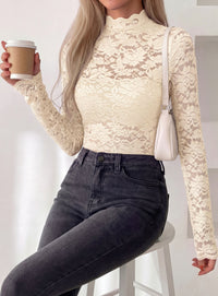PRETTYGARDEN Womens Lace Long Sleeve Top Mesh Sheer Blouses Mock Neck See Through Slim Fitted Tops 2026 Fall Fashion Clothes