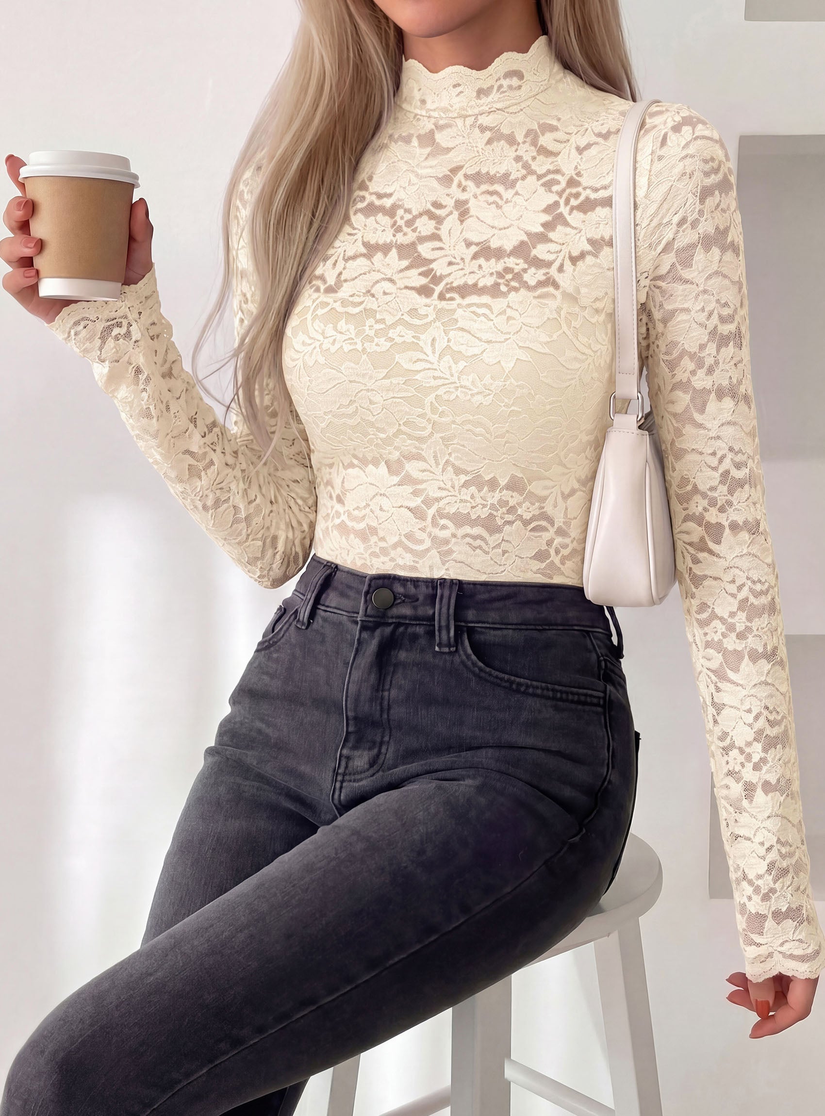 PRETTYGARDEN Womens Lace Long Sleeve Top Mesh Sheer Blouses Mock Neck See Through Slim Fitted Tops 2026 Fall Fashion Clothes