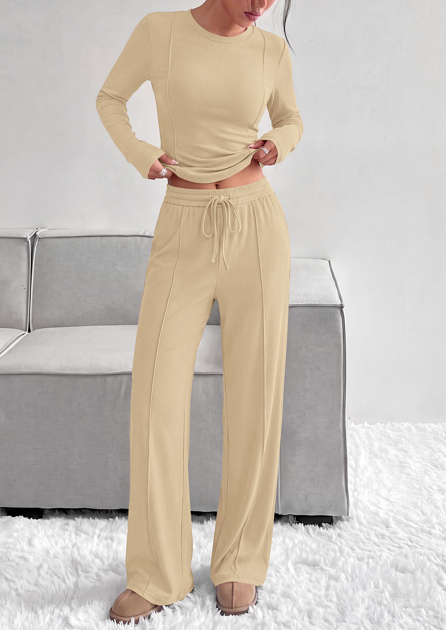 PRETTYGARDEN Womens 2 Piece Sets Long Sleeve Outfits  Soft Ribbed Knit, Loose Wide Leg Fit, Crop Top Drawstring High Waist Pants Set, Casual Lounge Travel, Matching Fall Clothes