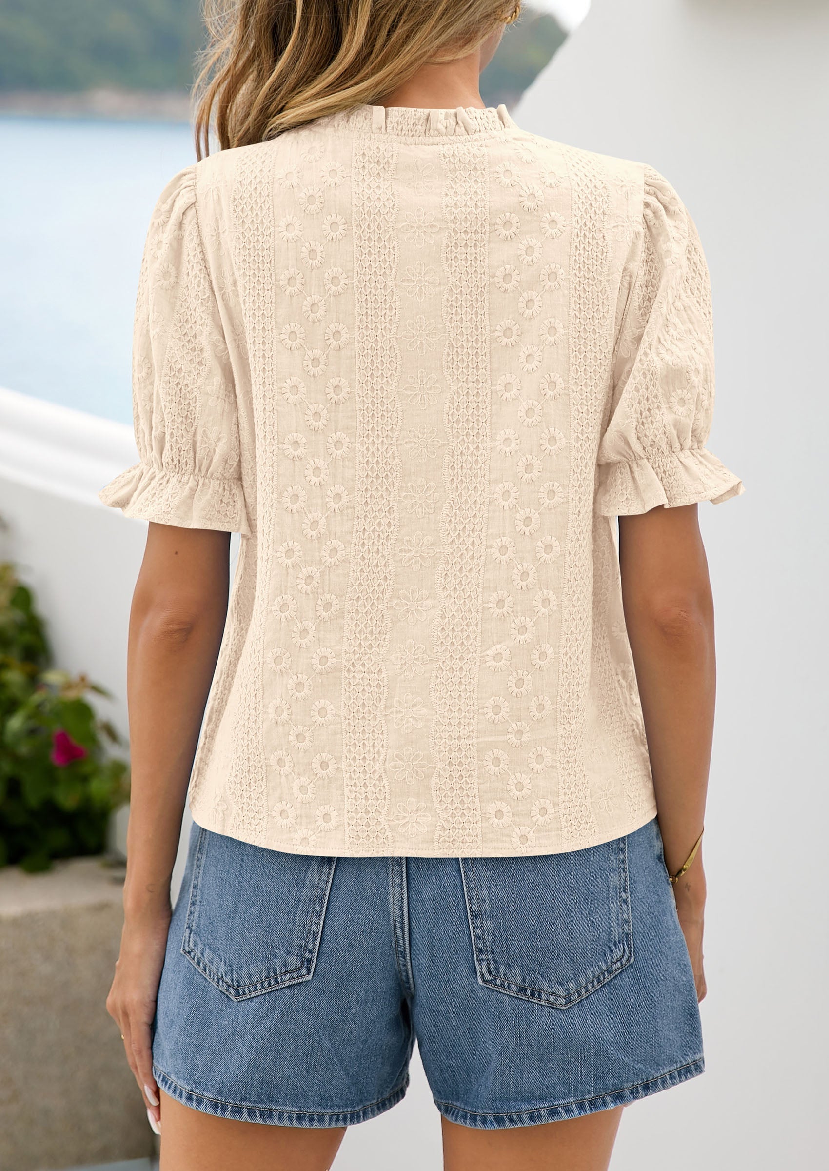 PRETTYGARDEN Womens Puff Short Sleeve Tops 2026 Summer Spring Button Down Boho Embroidered Cute Blouse Dressy Casual Shirts PRETTYGARDEN