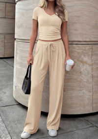 PRETTYGARDEN 2 Piece Sets for Women Summer 2026 Spring Lounge Set Matching V Neck Tops Wide Leg Pants Airport Travel Outfits PRETTYGARDEN