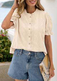 PRETTYGARDEN Womens Puff Short Sleeve Tops 2026 Summer Spring Button Down Boho Embroidered Cute Blouse Dressy Casual Shirts PRETTYGARDEN