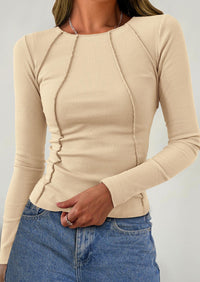 KIRUNDO Ribbed Long Sleeve Tops for Women Stretch Slim Basic Crop Tee Exposed Seams Spring Fall Fashion Trendy Tshirt